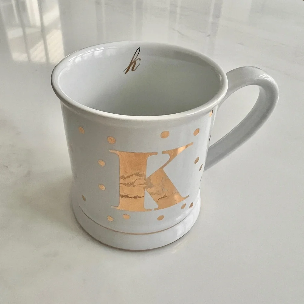 Pier 1 letter K coffee mug monogram white stoneware gold polka dots initial